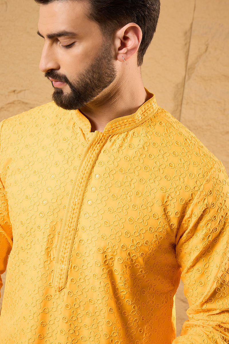 Yellow Viscose Rayon Solid Embroidered Straight Kurta HOPMKU1186