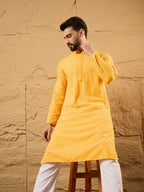 Men Yellow Silk Blend Embroidered Chikankari Straight Kurta-MKU1186