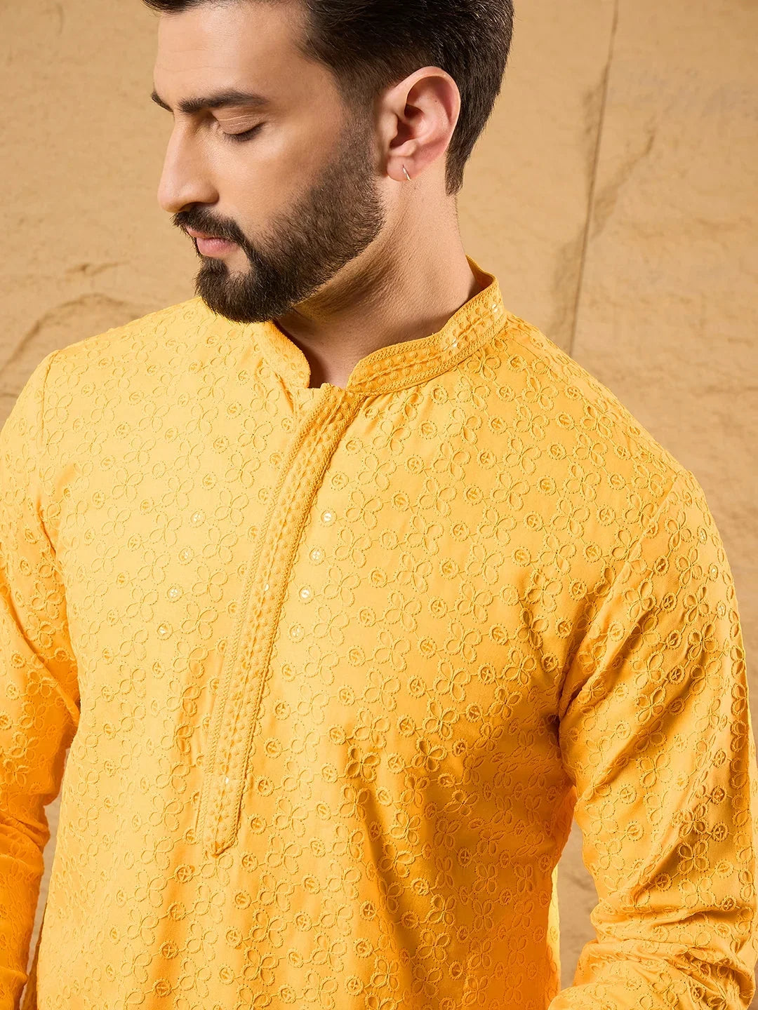 Men Yellow Silk Blend Embroidered Chikankari Straight Kurta-MKU1186