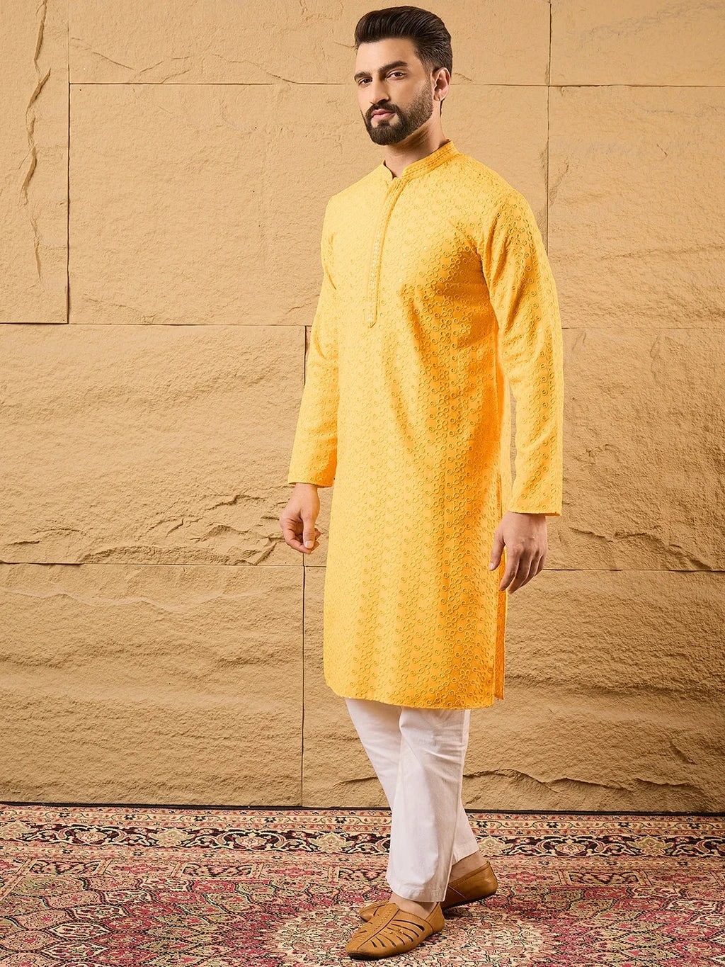 Men Yellow Silk Blend Embroidered Chikankari Straight Kurta-MKU1186