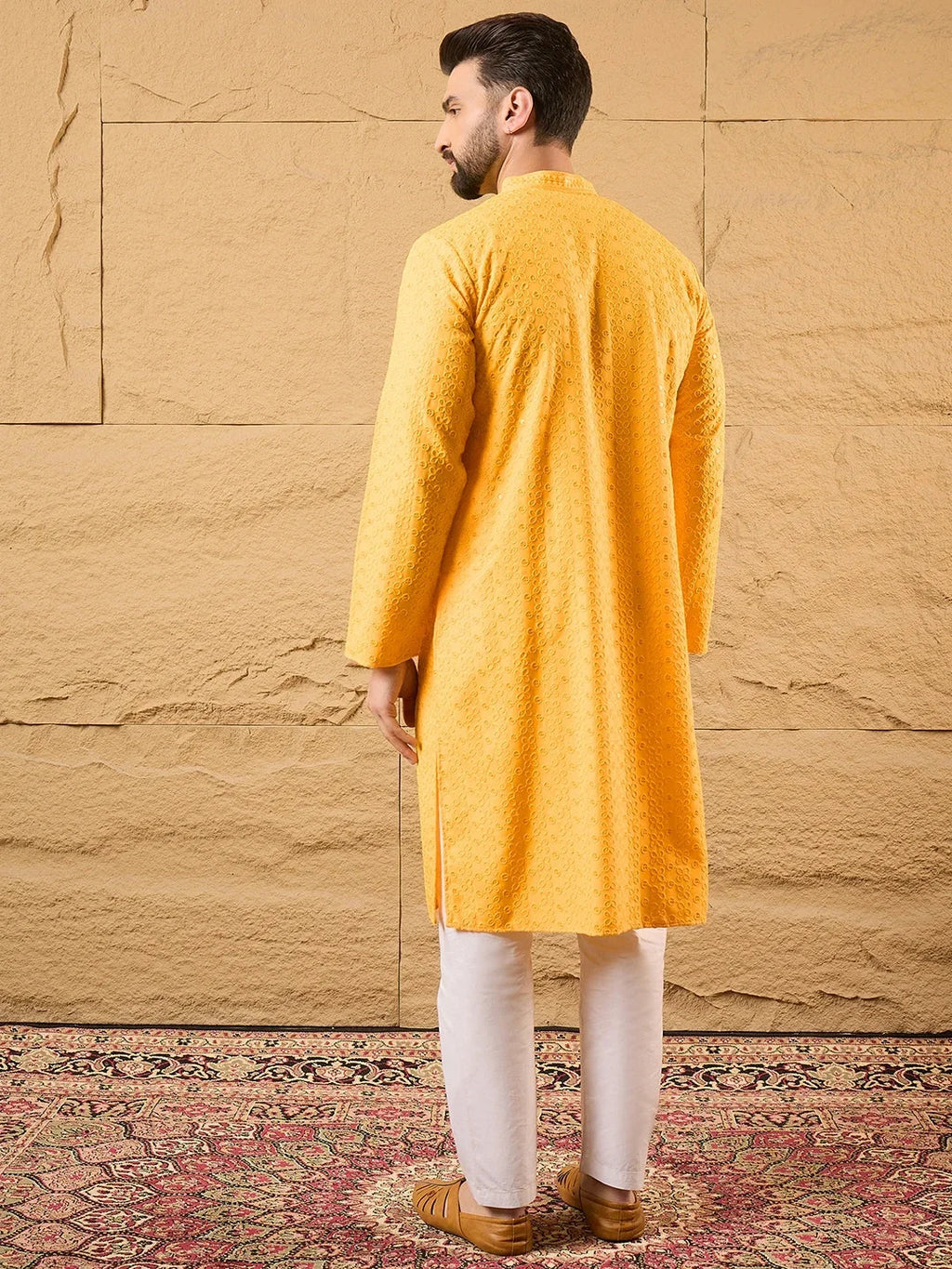 Men Yellow Silk Blend Embroidered Chikankari Straight Kurta-MKU1186