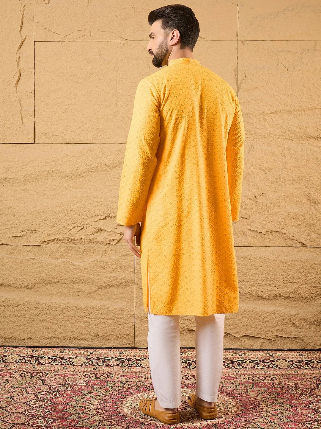 Men Yellow Silk Blend Embroidered Chikankari Straight Kurta-MKU1186