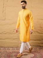 Men Yellow Silk Blend Embroidered Chikankari Straight Kurta-MKU1186