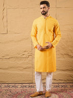 Men Yellow Silk Blend Embroidered Chikankari Straight Kurta-MKU1186
