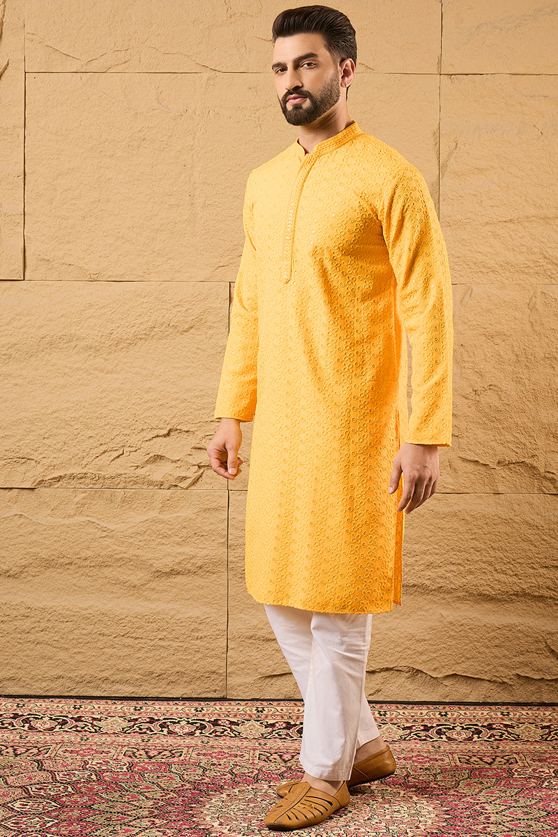 Yellow Viscose Rayon Solid Embroidered Straight Kurta HOPMKU1186