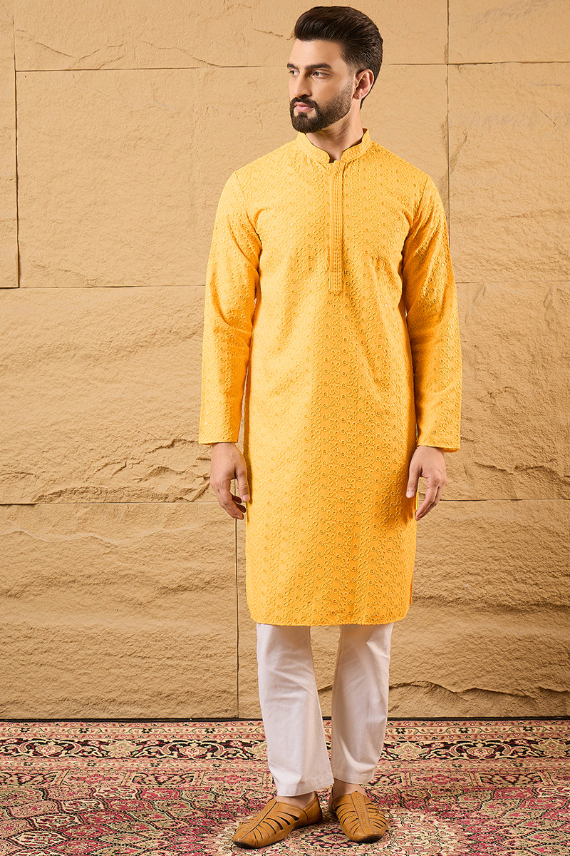 Yellow Viscose Rayon Solid Embroidered Straight Kurta HOPMKU1186