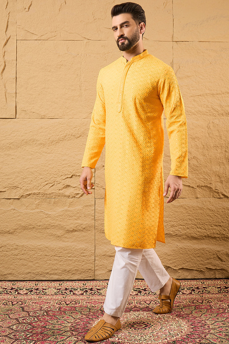 Yellow Viscose Rayon Solid Embroidered Straight Kurta HOPMKU1186