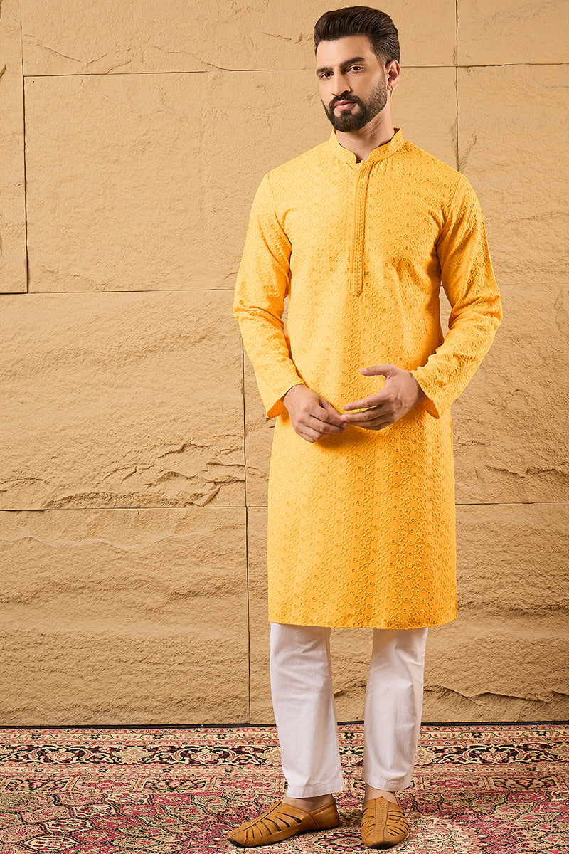 Yellow Viscose Rayon Solid Embroidered Straight Kurta HOPMKU1186