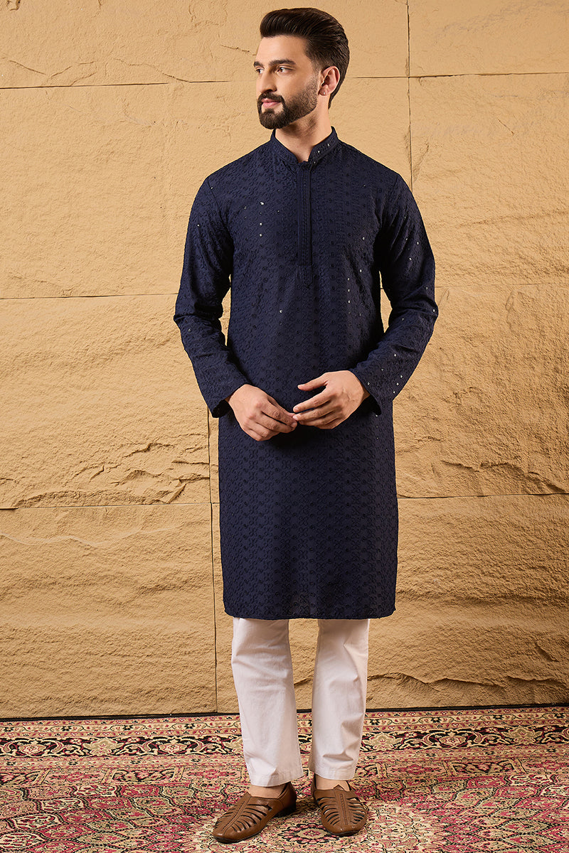 Blue Viscose Rayon Solid Embroidered Straight Kurta HOPMKU1187
