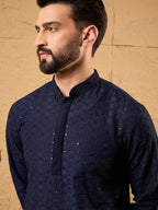 Men Blue Viscose Rayon Solid Embroidered Straight Kurta-MKU1187