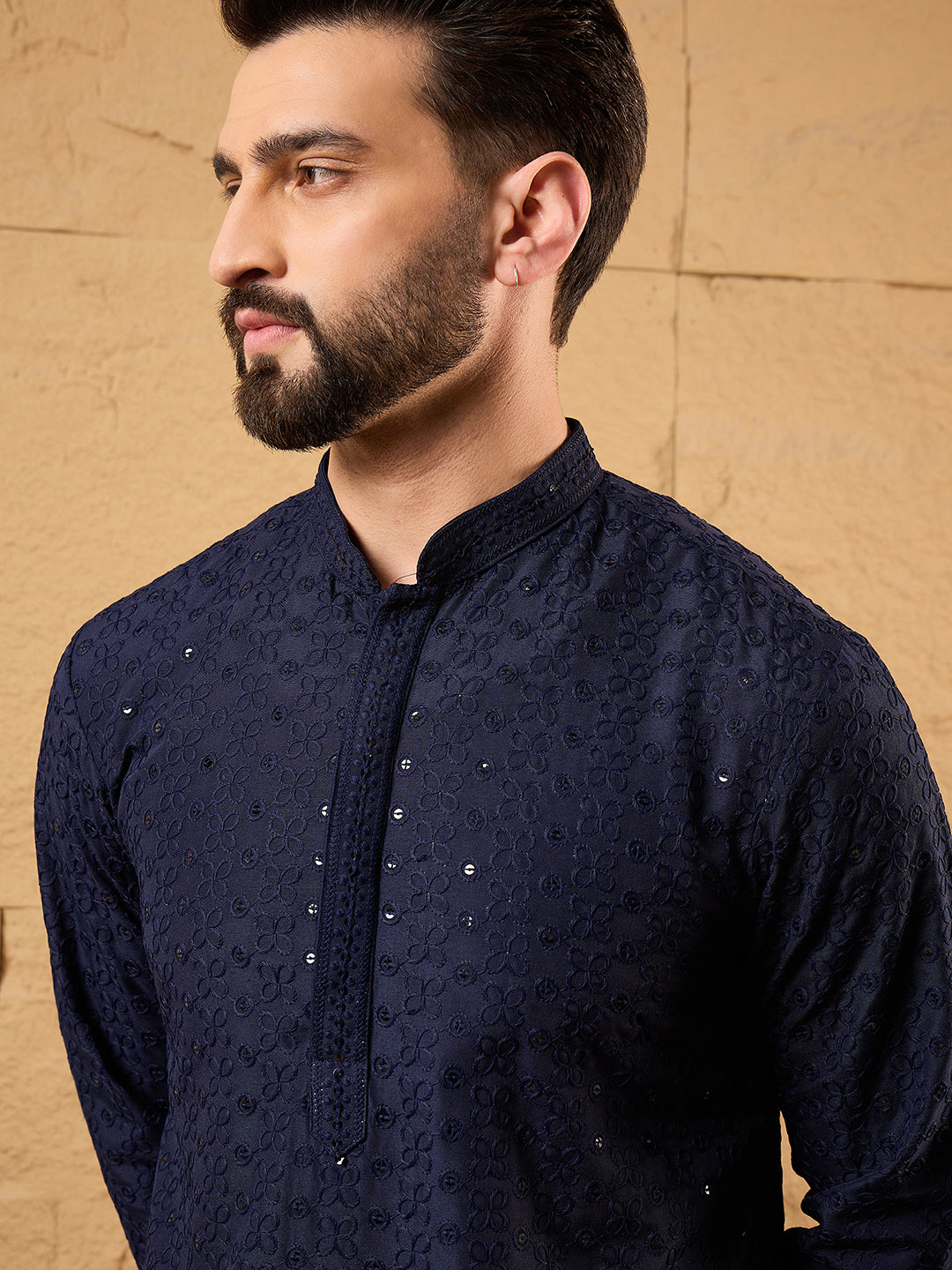 Men Blue Viscose Rayon Solid Embroidered Straight Kurta-MKU1187