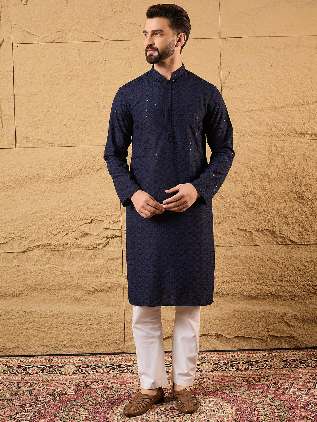 Men Blue Viscose Rayon Solid Embroidered Straight Kurta-MKU1187