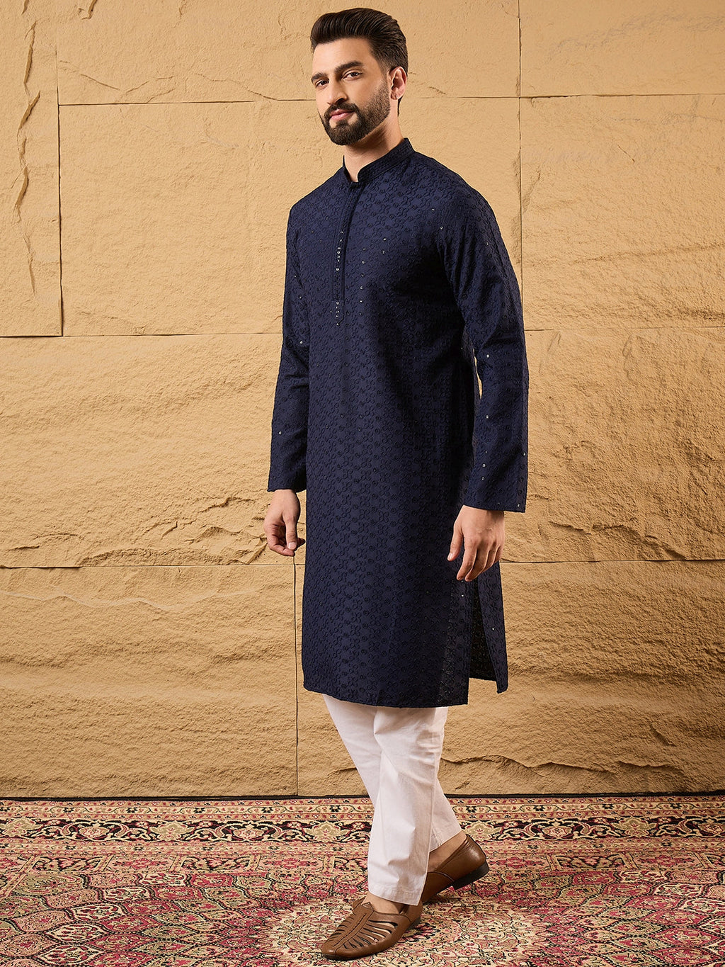 Men Blue Viscose Rayon Solid Embroidered Straight Kurta-MKU1187