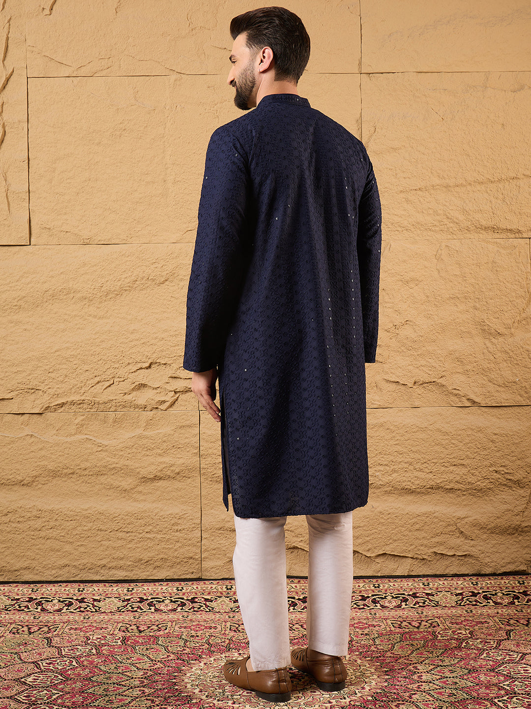 Men Blue Viscose Rayon Solid Embroidered Straight Kurta-MKU1187