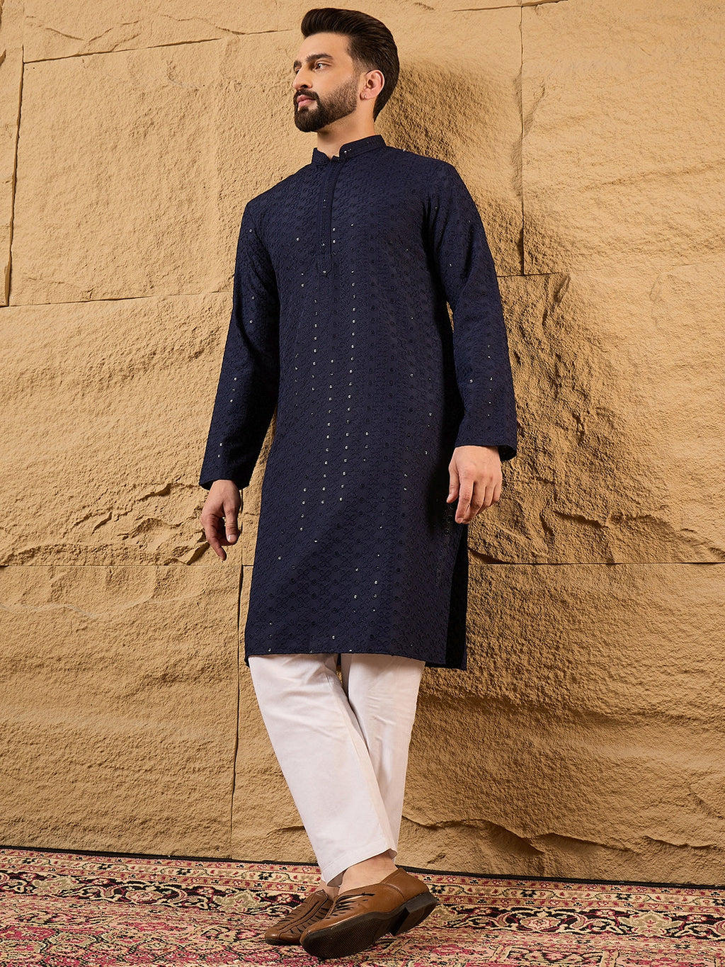 Men Blue Viscose Rayon Solid Embroidered Straight Kurta-MKU1187