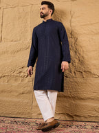Men Blue Viscose Rayon Solid Embroidered Straight Kurta-MKU1187