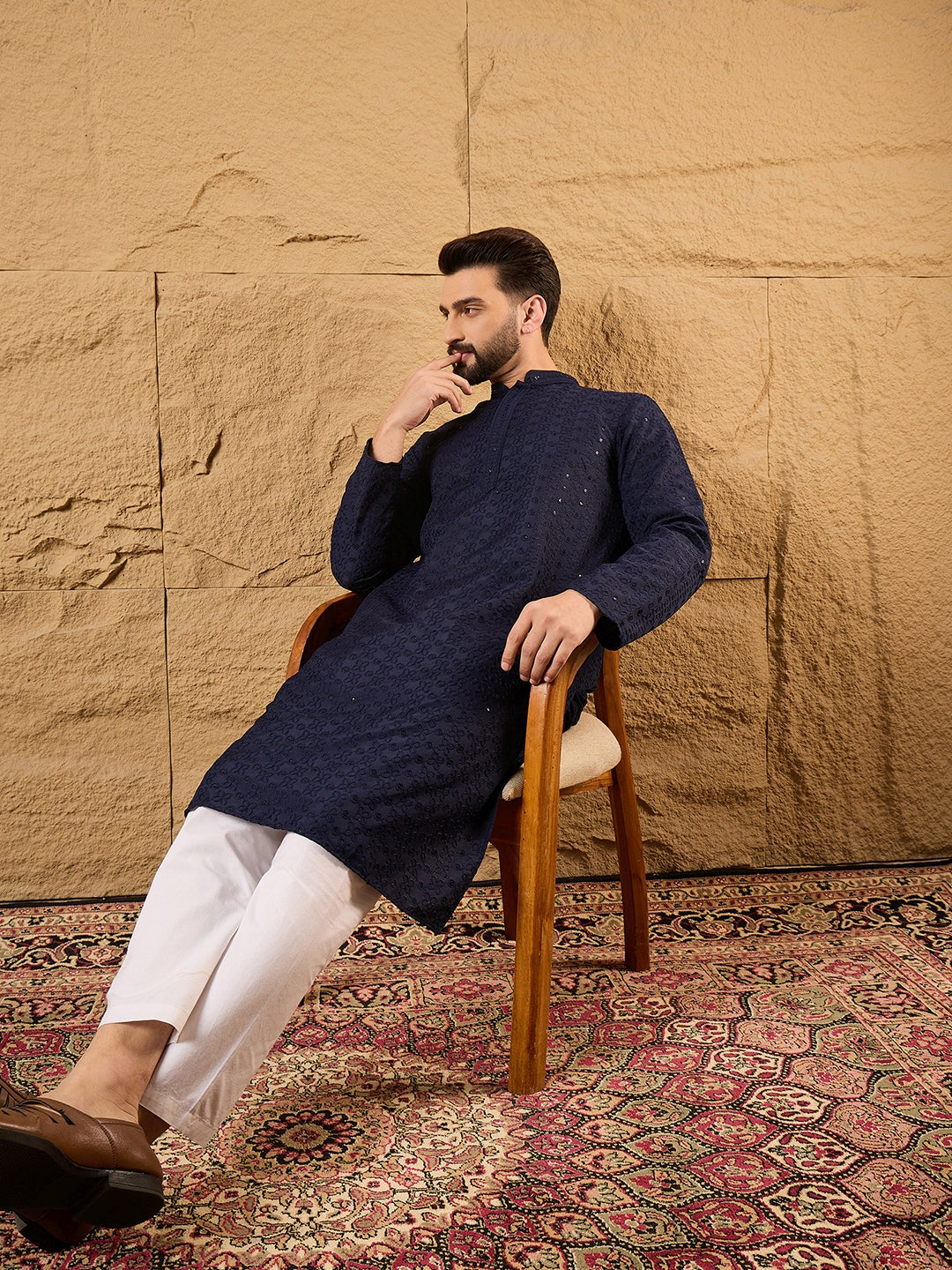 Men Blue Viscose Rayon Solid Embroidered Straight Kurta-MKU1187