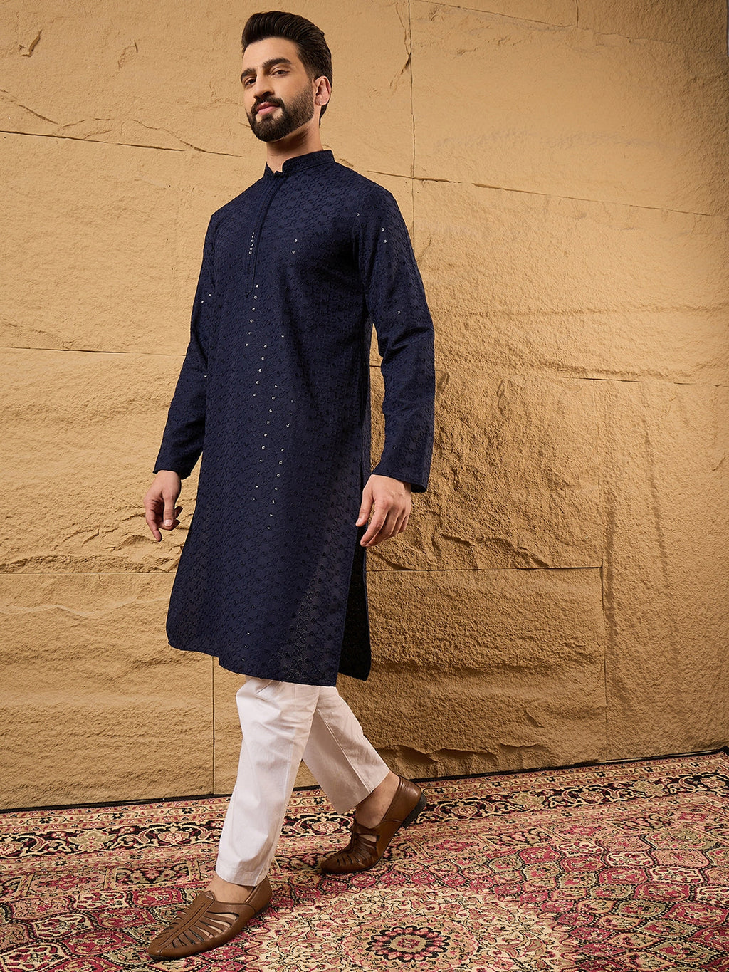 Men Blue Viscose Rayon Solid Embroidered Straight Kurta-MKU1187