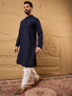 Men Blue Viscose Rayon Solid Embroidered Straight Kurta-MKU1187
