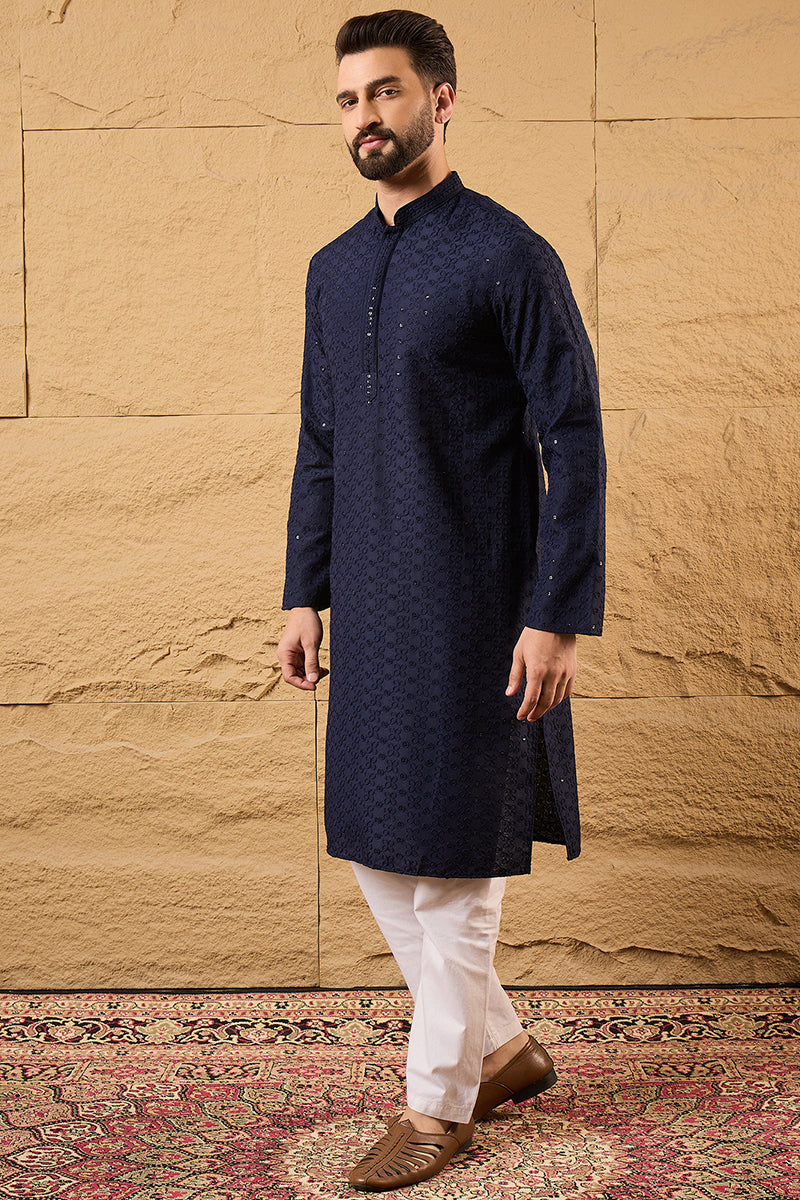 Blue Viscose Rayon Solid Embroidered Straight Kurta HOPMKU1187