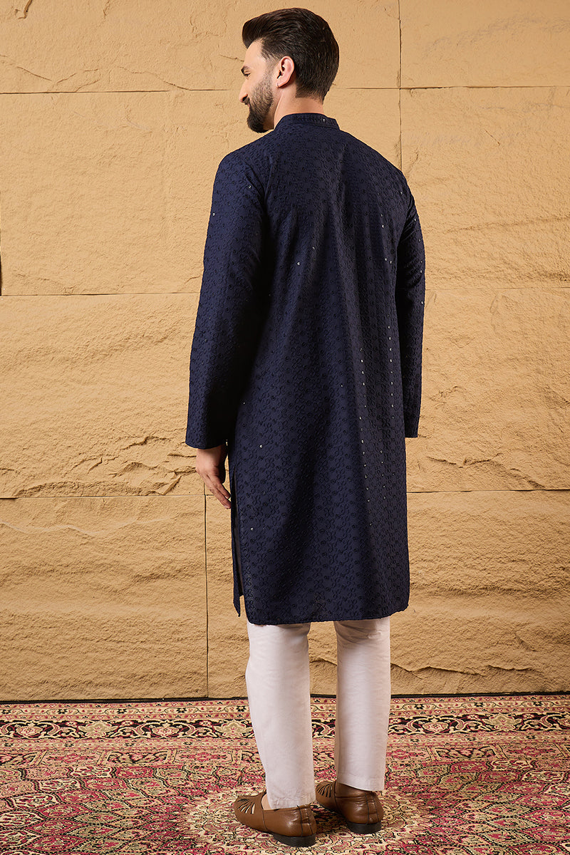 Blue Viscose Rayon Solid Embroidered Straight Kurta HOPMKU1187