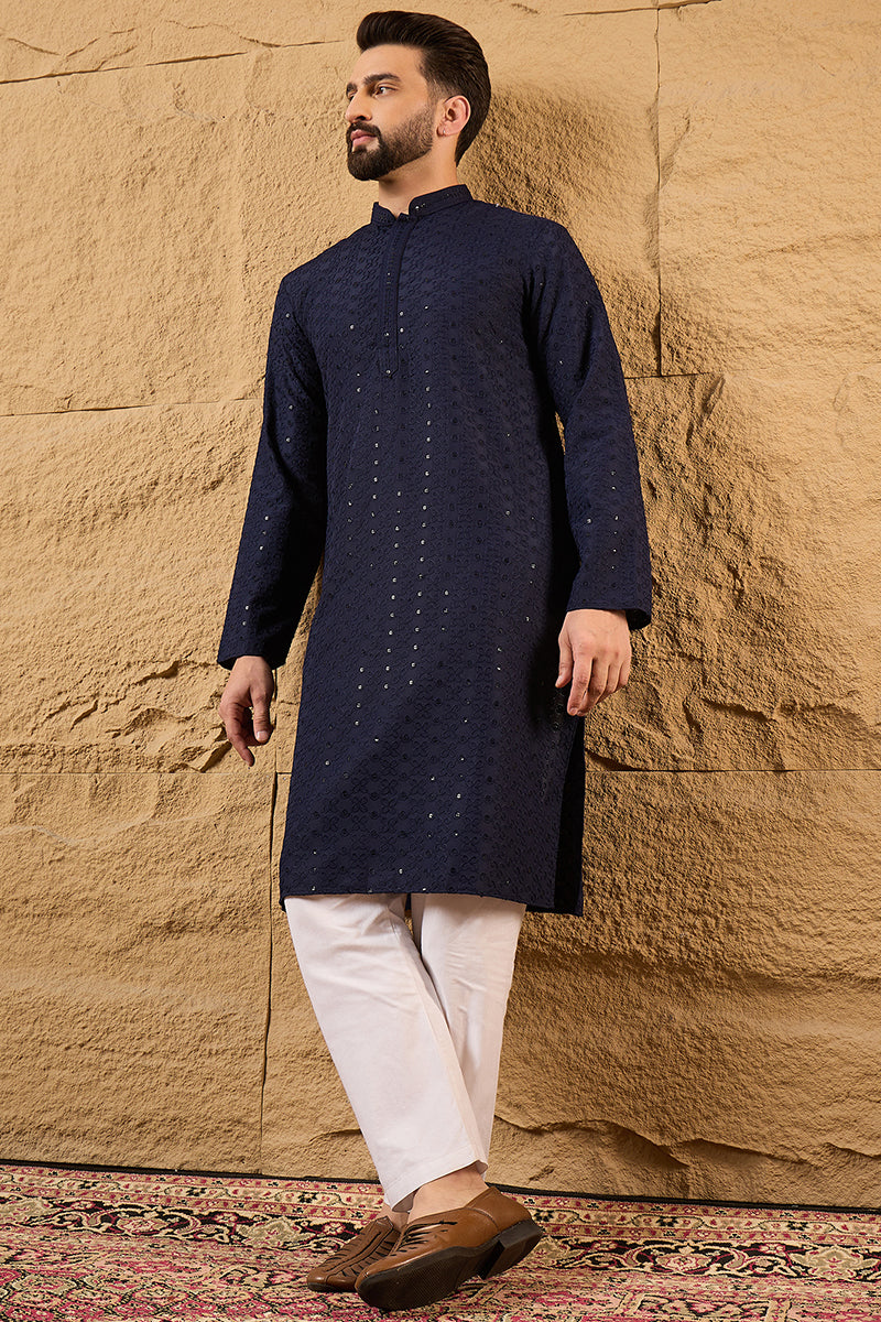 Blue Viscose Rayon Solid Embroidered Straight Kurta HOPMKU1187