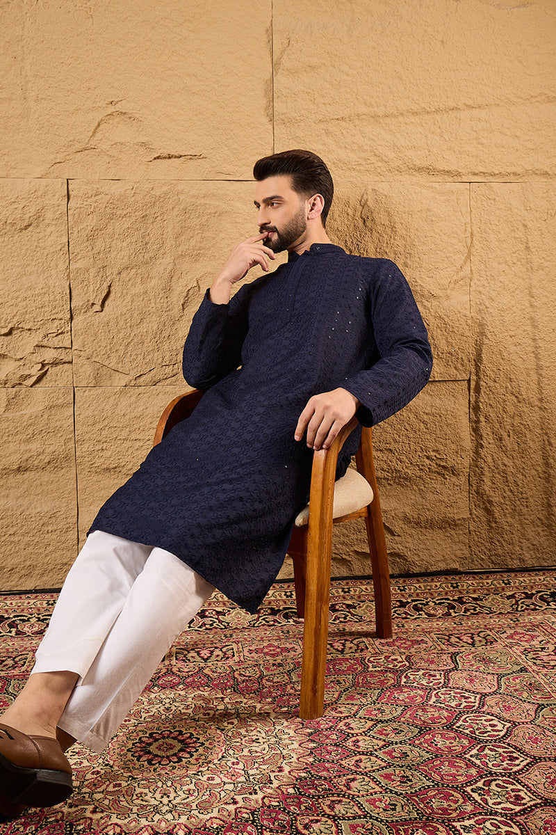 Blue Viscose Rayon Solid Embroidered Straight Kurta HOPMKU1187