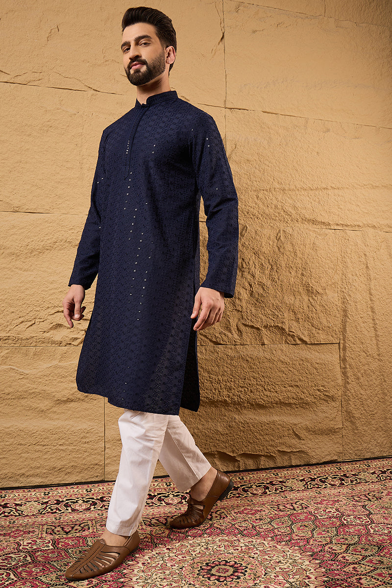 Blue Viscose Rayon Solid Embroidered Straight Kurta HOPMKU1187