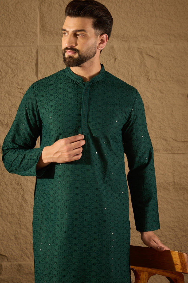 Green Viscose Rayon Solid Embroidered Chikankari Straight Kurta HOPMKU1188