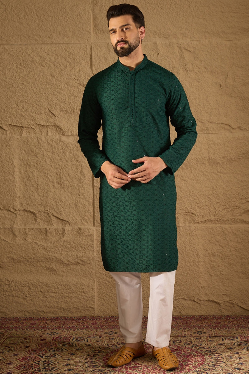 Green Viscose Rayon Solid Embroidered Chikankari Straight Kurta HOPMKU1188