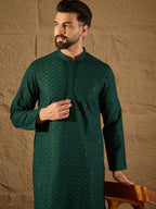 Men Green Viscose Rayon Solid Embroidered Straight Kurta-MKU1188