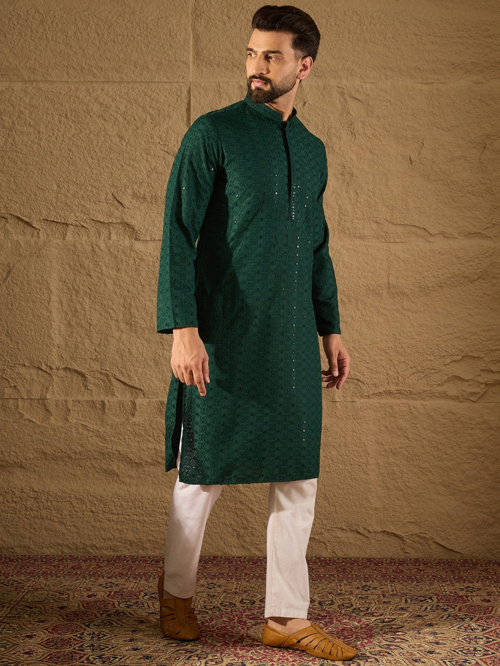 Men Green Viscose Rayon Solid Embroidered Straight Kurta-MKU1188