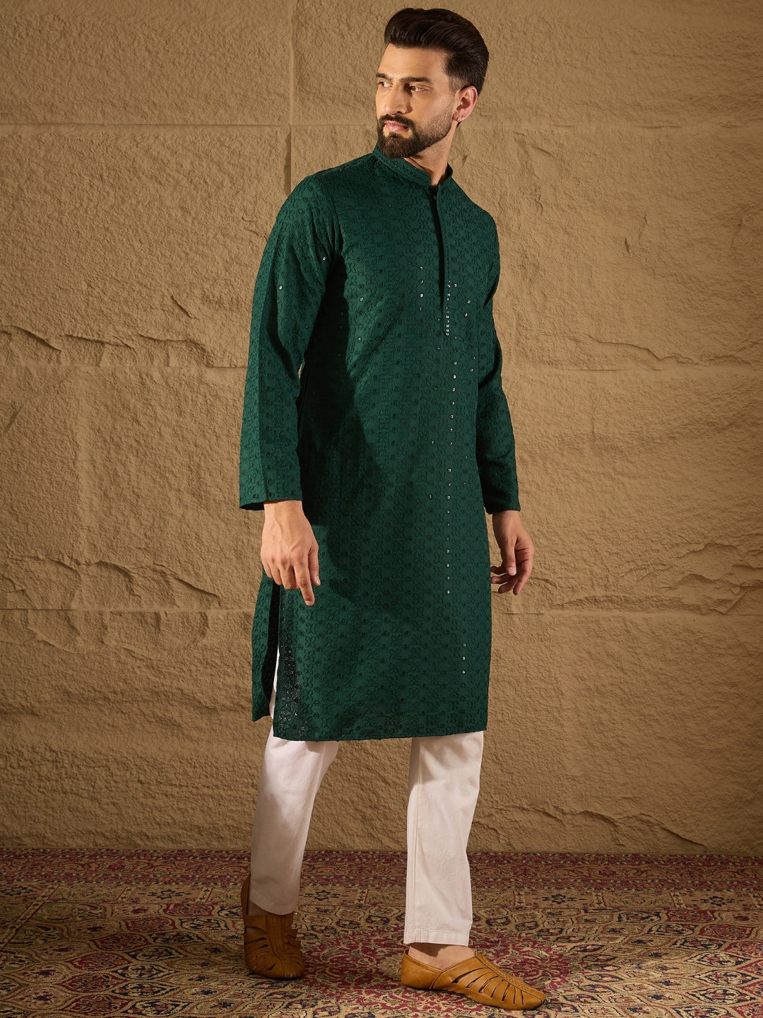 Men Green Viscose Rayon Solid Embroidered Straight Kurta-MKU1188