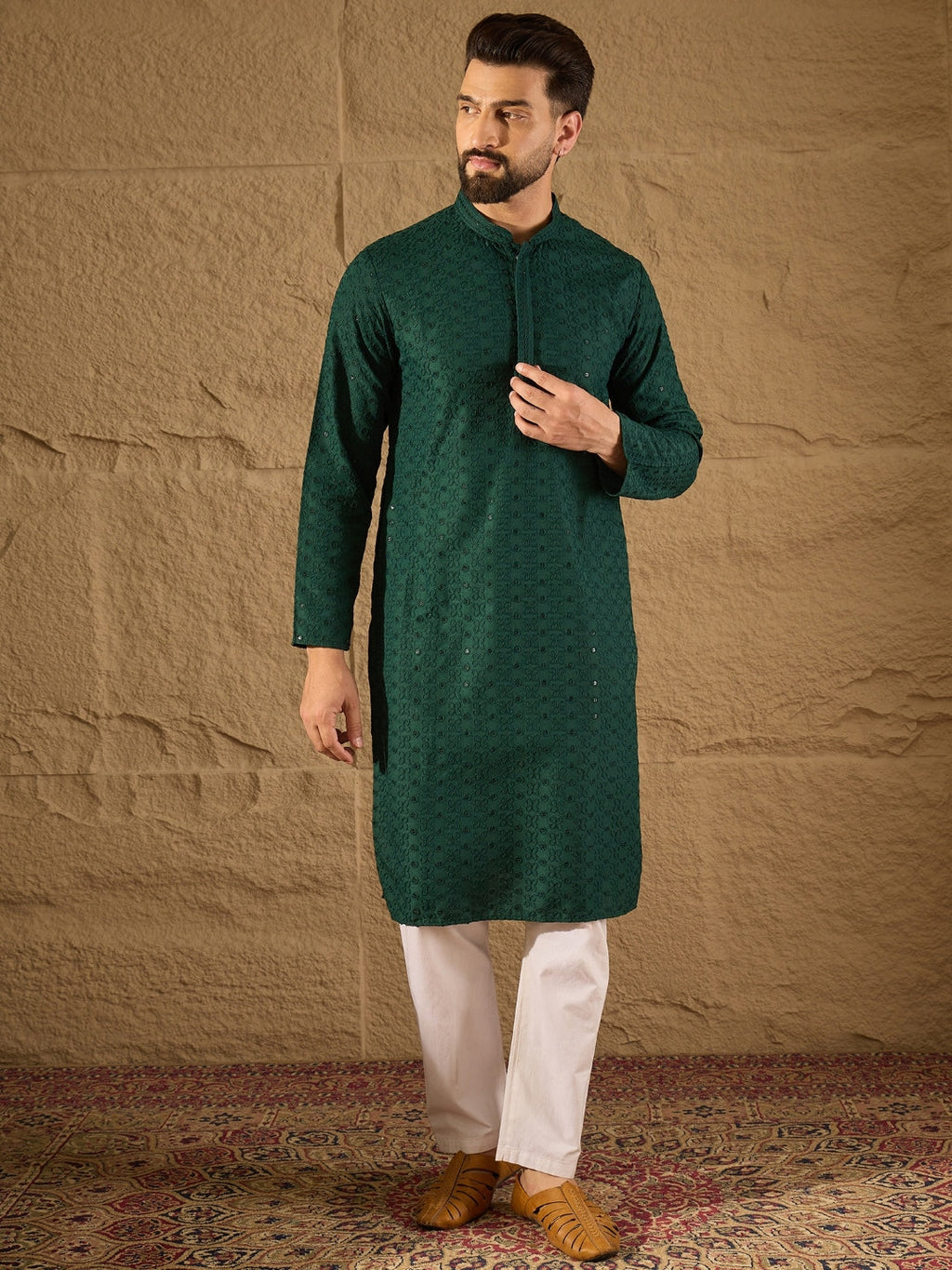 Men Green Viscose Rayon Solid Embroidered Straight Kurta-MKU1188