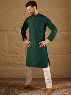Men Green Viscose Rayon Solid Embroidered Straight Kurta-MKU1188