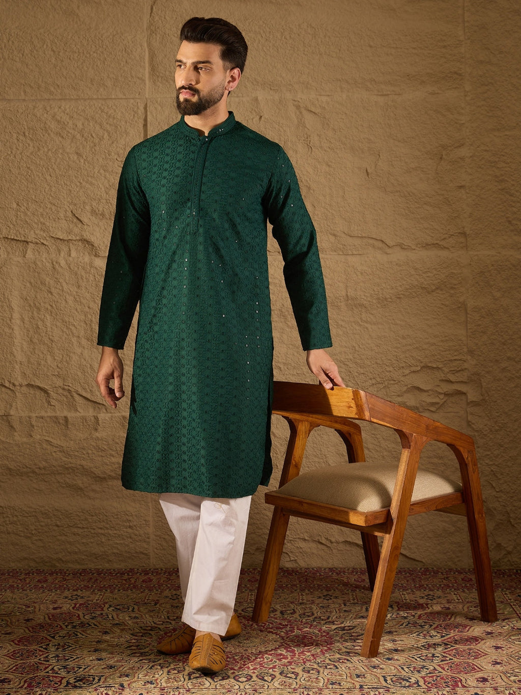 Men Green Viscose Rayon Solid Embroidered Straight Kurta-MKU1188