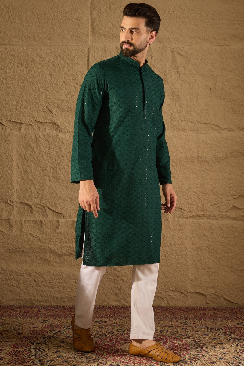 Green Viscose Rayon Solid Embroidered Chikankari Straight Kurta HOPMKU1188