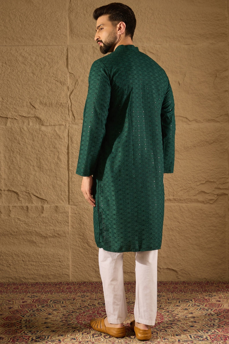 Green Viscose Rayon Solid Embroidered Chikankari Straight Kurta HOPMKU1188