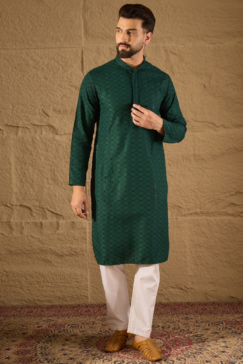 Green Viscose Rayon Solid Embroidered Chikankari Straight Kurta HOPMKU1188