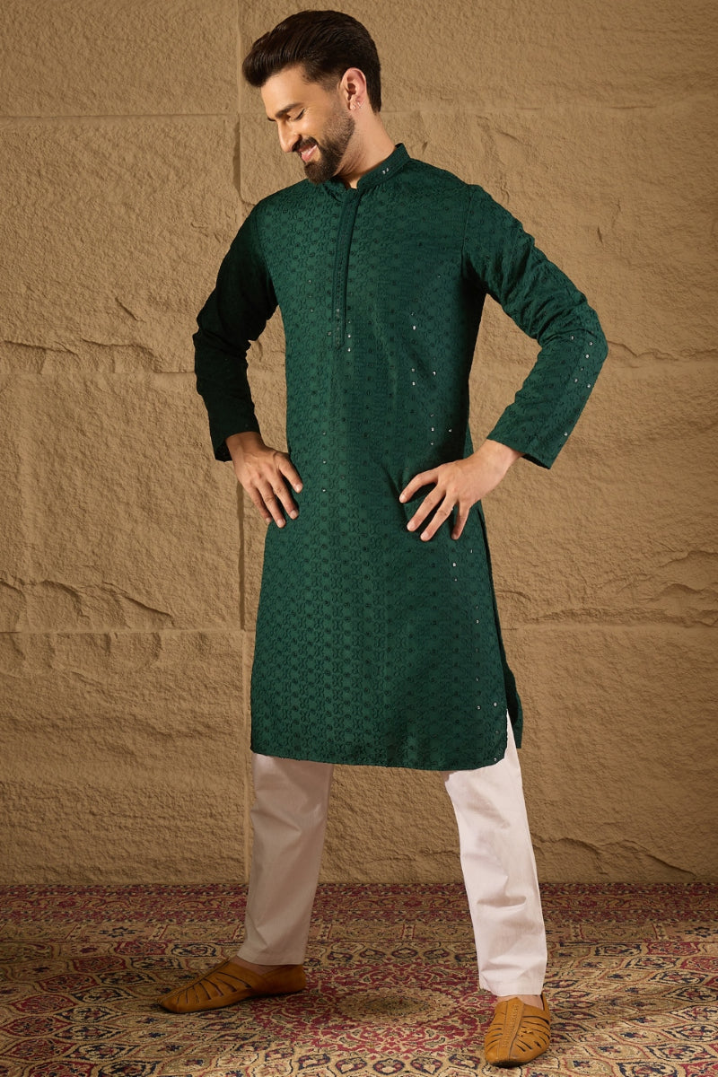 Green Viscose Rayon Solid Embroidered Chikankari Straight Kurta HOPMKU1188
