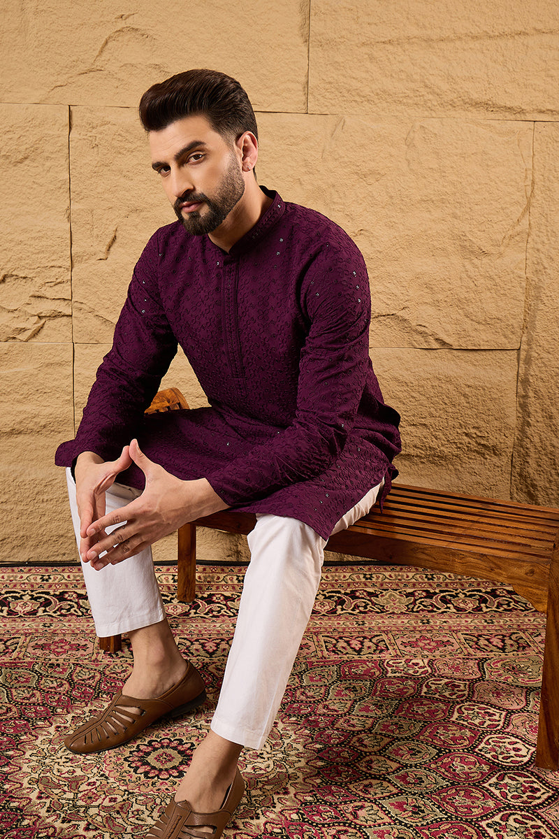 Purple Viscose Rayon Solid Embroidered Straight Kurta HOPMKU1189