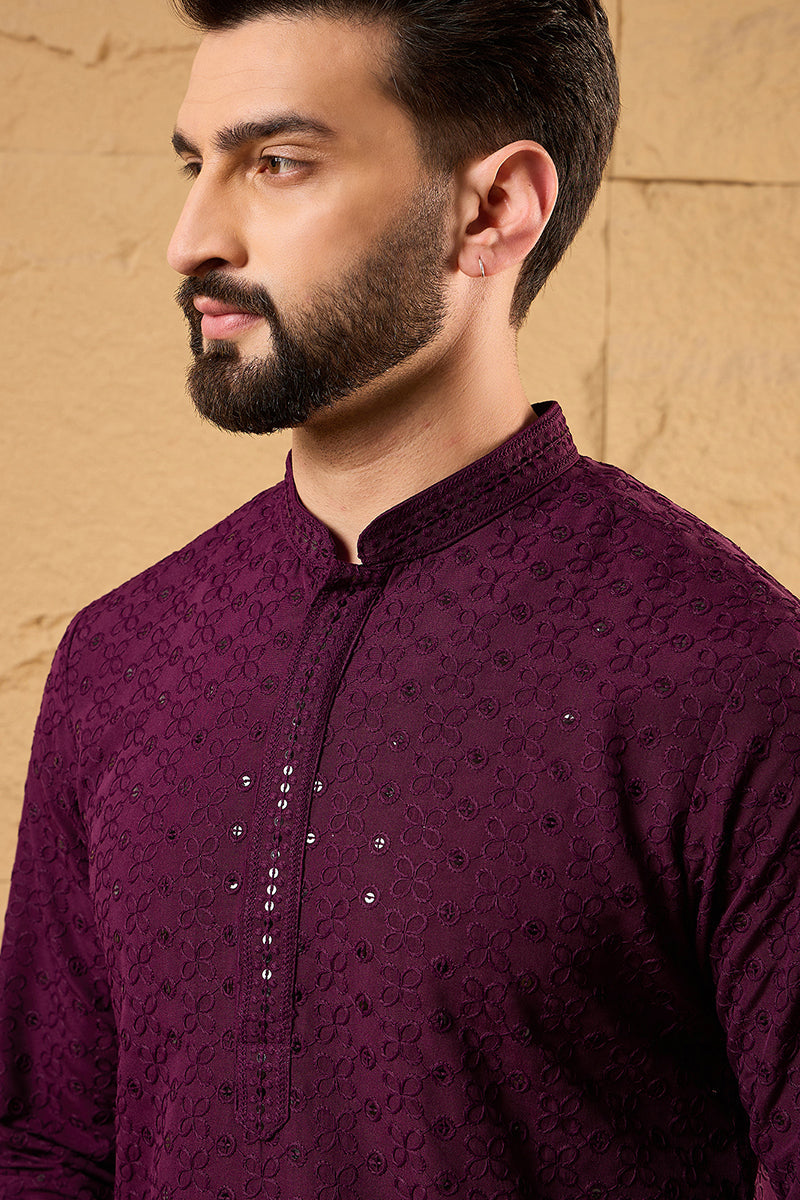 Purple Viscose Rayon Solid Embroidered Straight Kurta HOPMKU1189