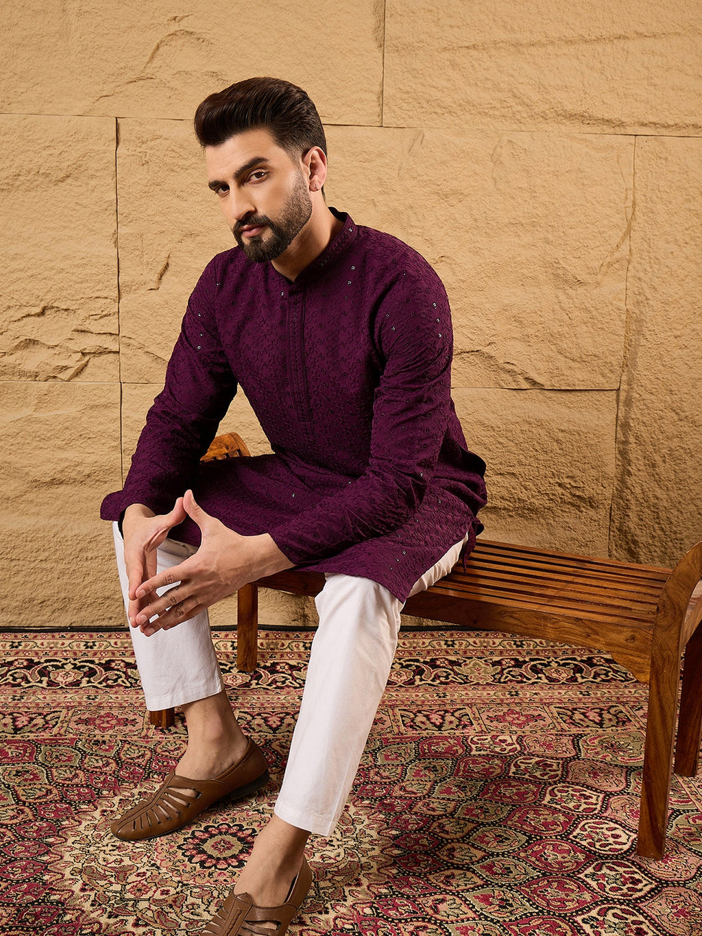 Men Purple Viscose Rayon Solid Embroidered Straight Kurta-MKU1189
