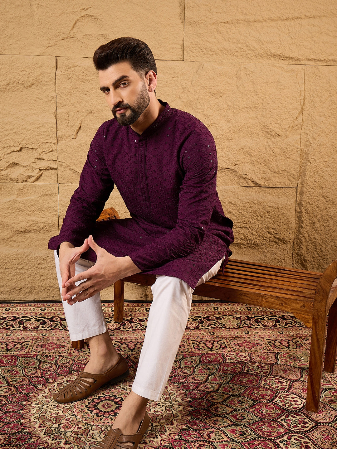 Men Purple Viscose Rayon Solid Embroidered Straight Kurta-MKU1189
