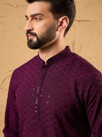 Men Purple Viscose Rayon Solid Embroidered Straight Kurta-MKU1189