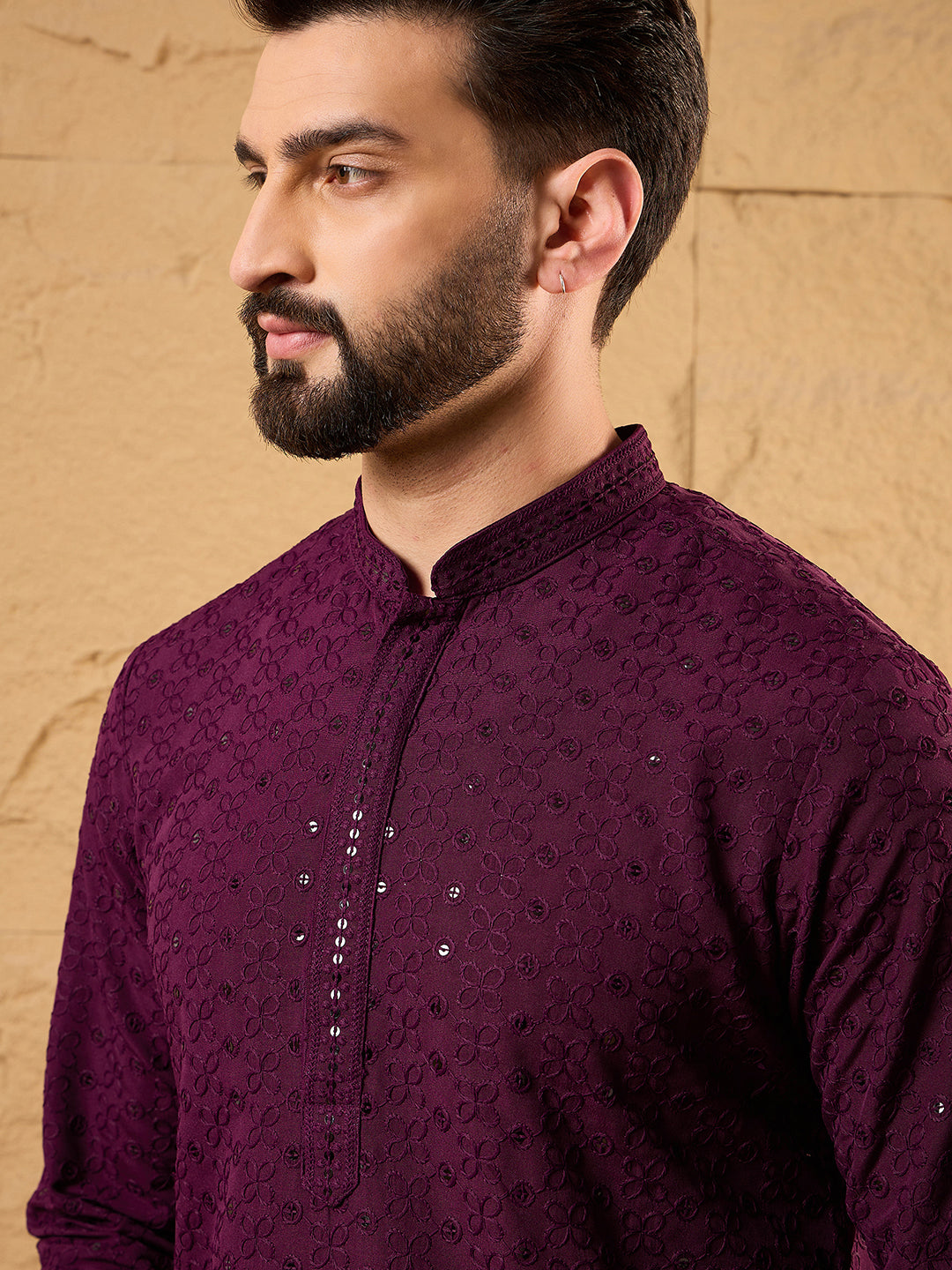 Men Purple Viscose Rayon Solid Embroidered Straight Kurta-MKU1189