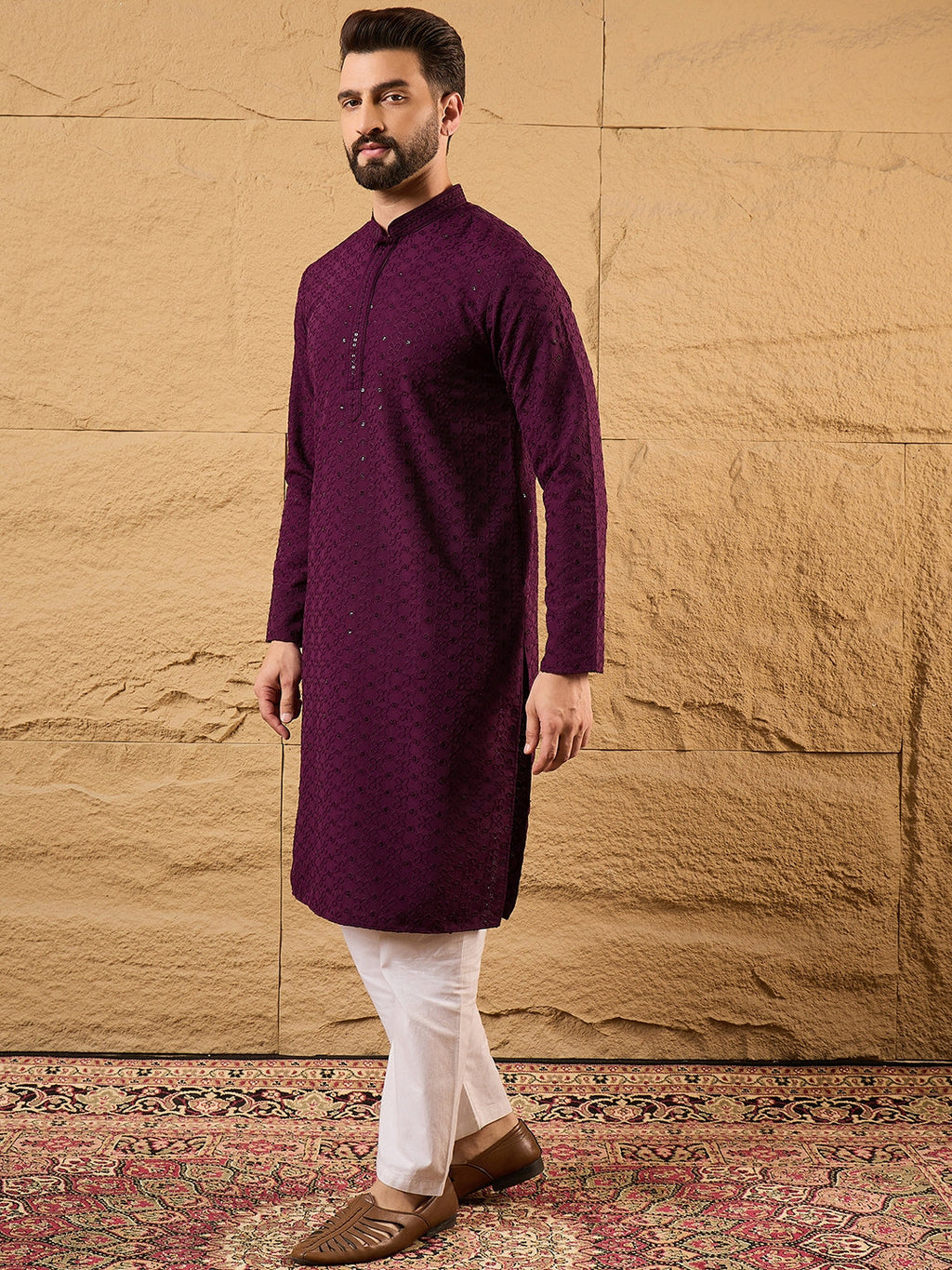 Men Purple Viscose Rayon Solid Embroidered Straight Kurta-MKU1189