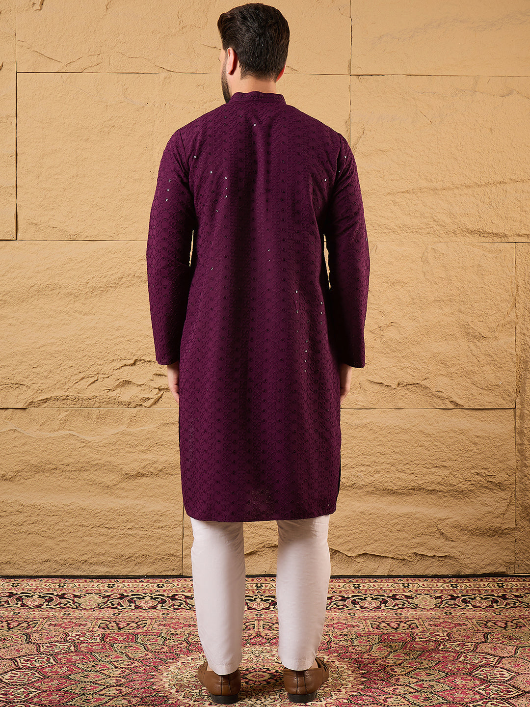 Men Purple Viscose Rayon Solid Embroidered Straight Kurta-MKU1189