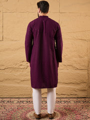 Men Purple Viscose Rayon Solid Embroidered Straight Kurta-MKU1189