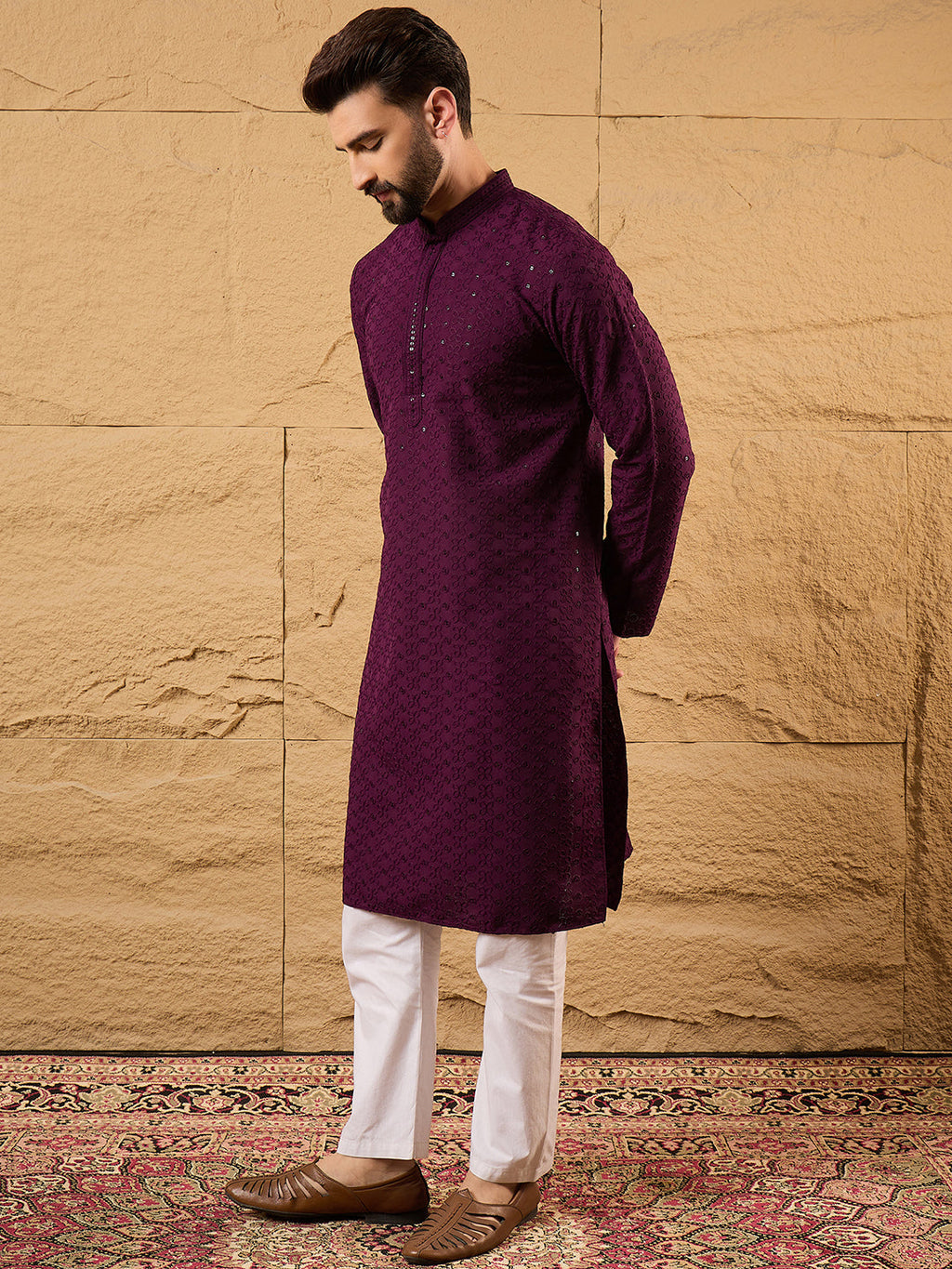 Men Purple Viscose Rayon Solid Embroidered Straight Kurta-MKU1189